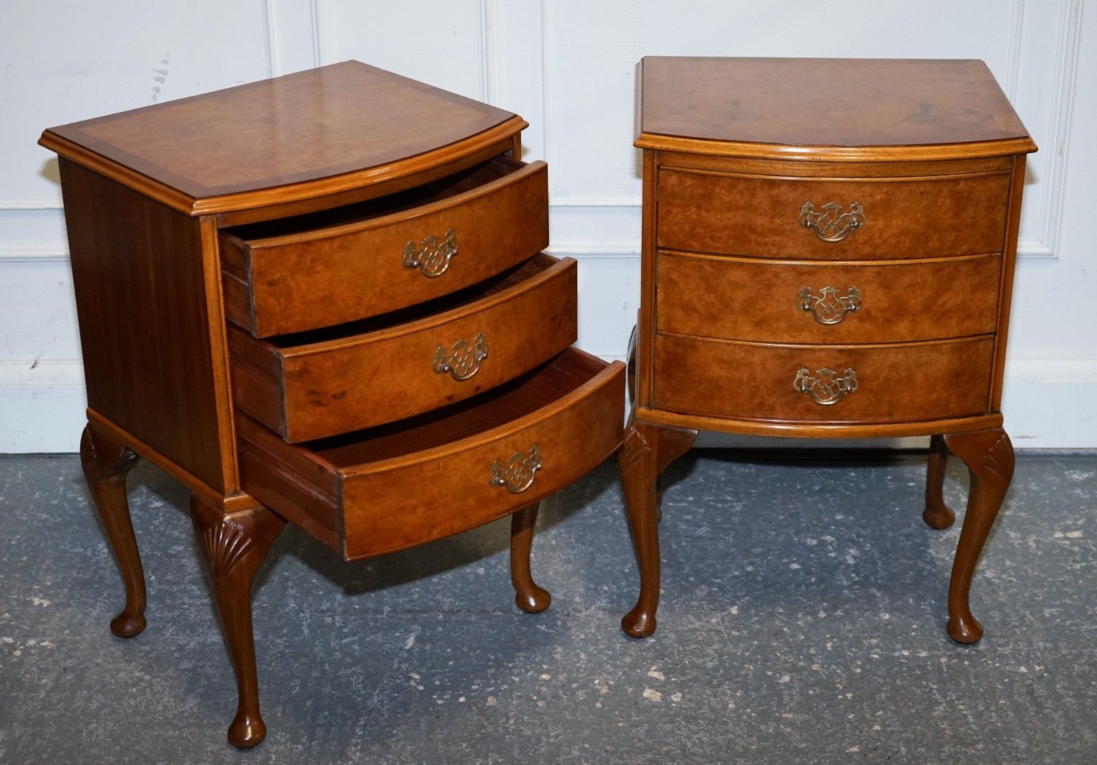 Gorgeous Pair Of Art Deco Style Burr Walnut Bedsides Nightstands Tables photo 1850.0