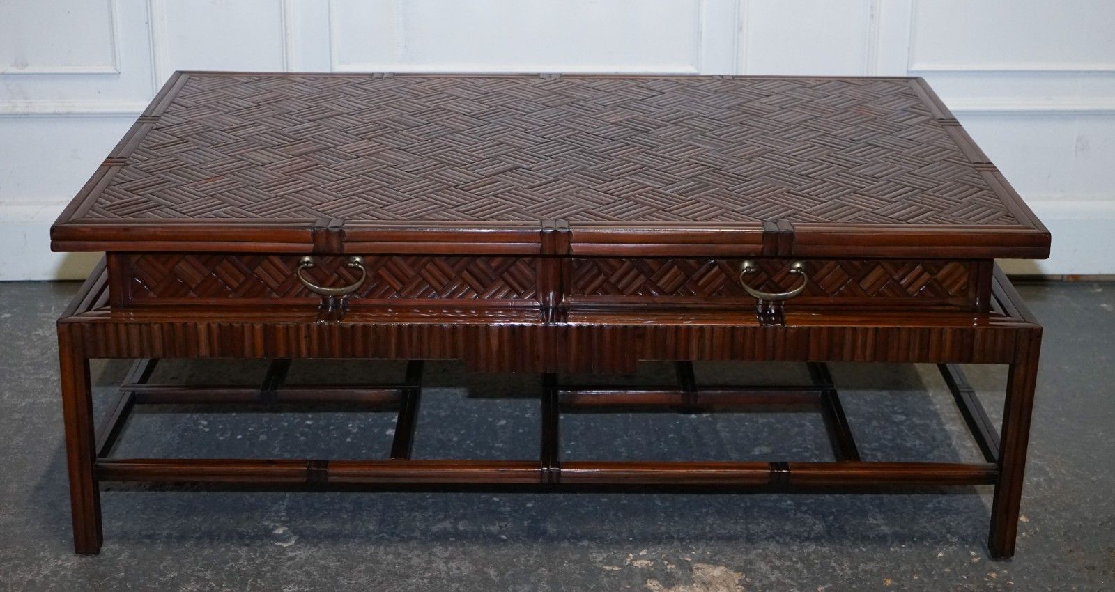 Circa 1950's  Maitland & Clascoe Waven Faux Bamboo Pagoda Coffee Table Drawers photo for sale
