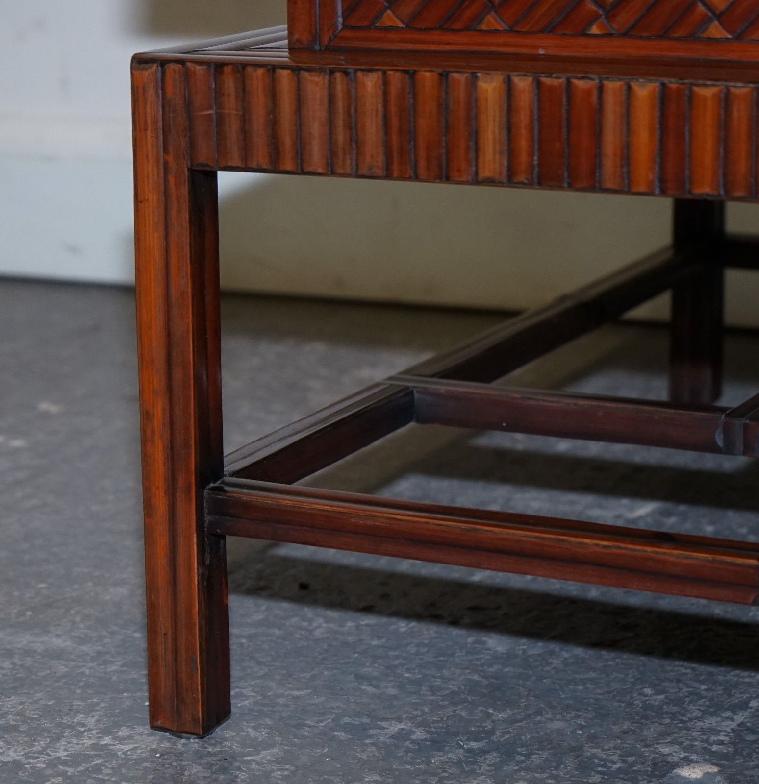 Circa 1950's  Maitland & Clascoe Waven Faux Bamboo Pagoda Coffee Table Drawers photo vinterior