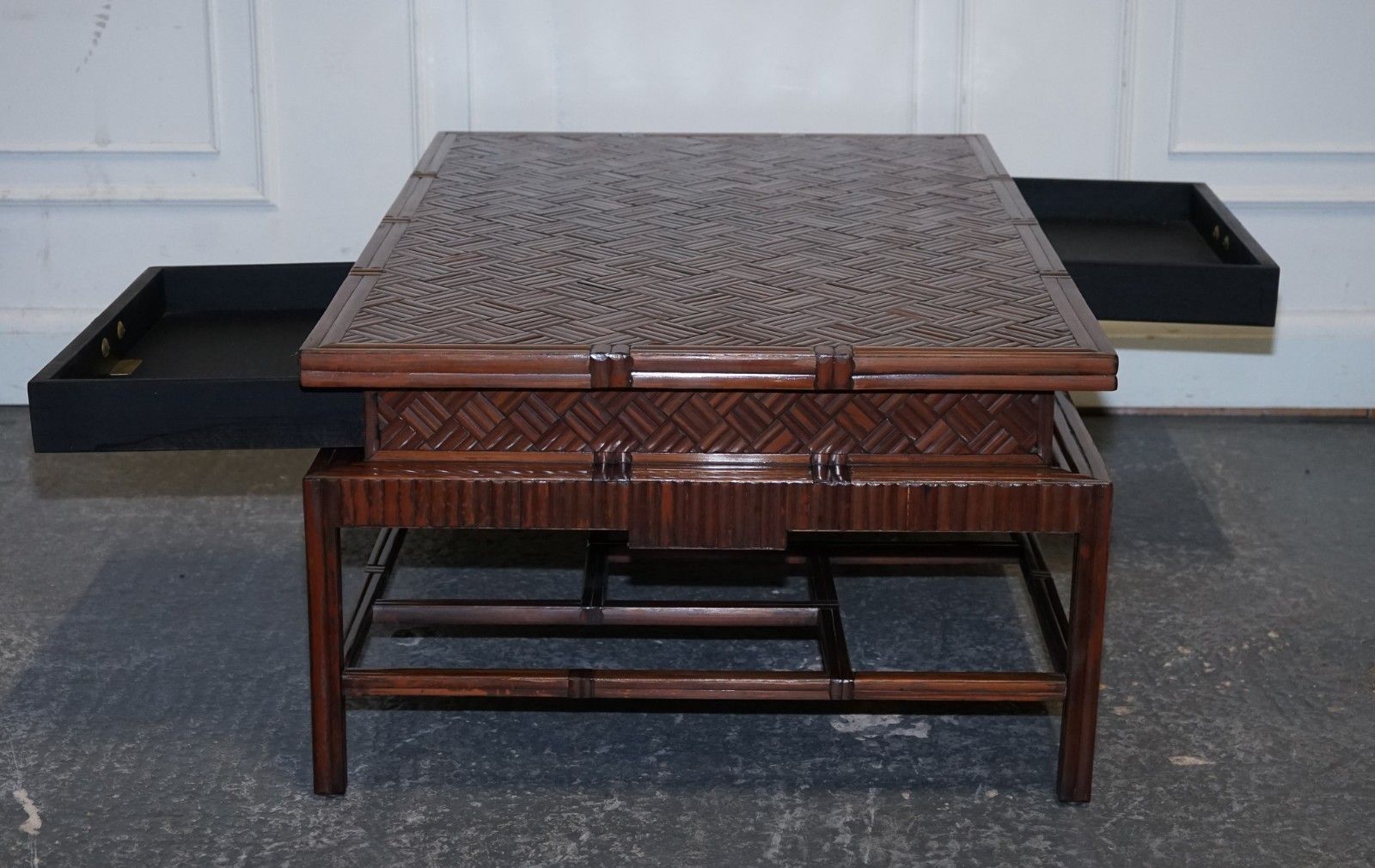 photo vinterior Circa 1950's  Maitland & Clascoe Waven Faux Bamboo Pagoda Coffee Table Drawers