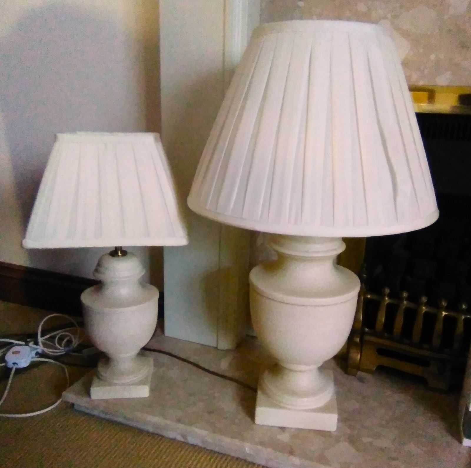 Two Cream Stone Effect Classical Urn Lamp Bases & Pleated Silky Shades