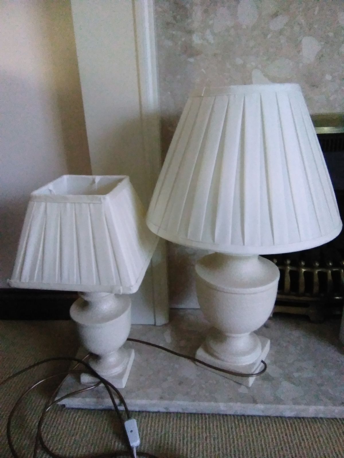 Two Cream Stone Effect Classical Urn Lamp Bases & Pleated Silky Shades photo 125.0