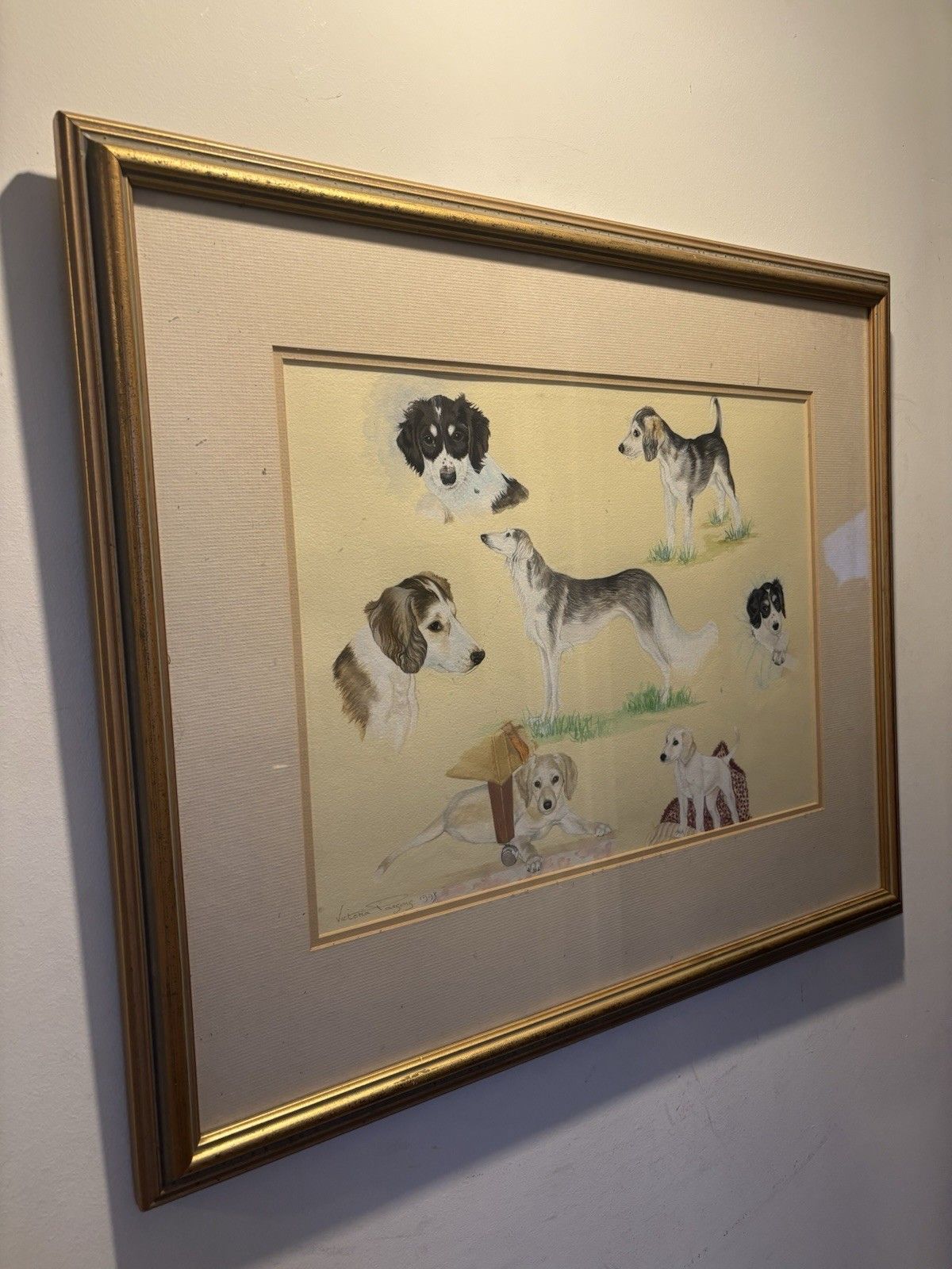 Vintage Framed Watercolour Various  Dogs Signed Victoria Parsons 1993 photo furniture
