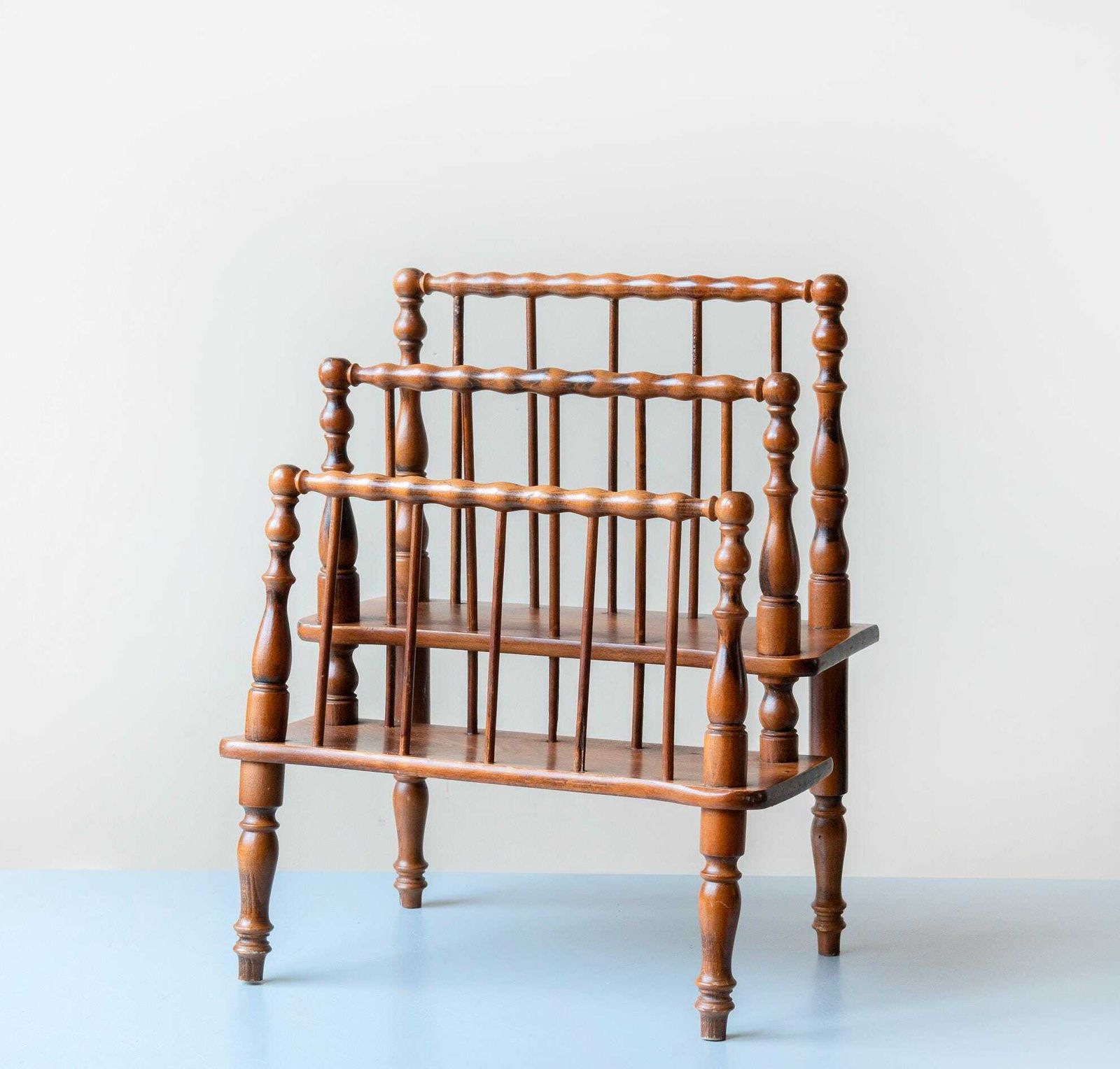 photo for sale Carved Magazine Rack – Vintage Turned Wood Newspaper Stand   Cottage Style