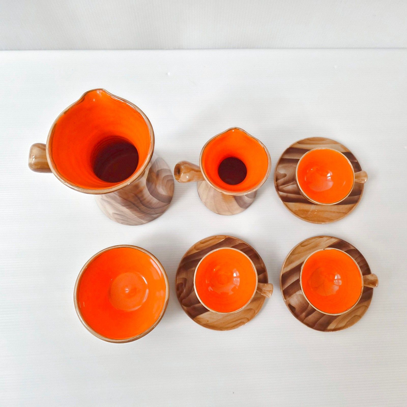 Vintage French 1960s Vallauris 60s 1969 Faux Wood Ceramic Coffee Set photo for sale