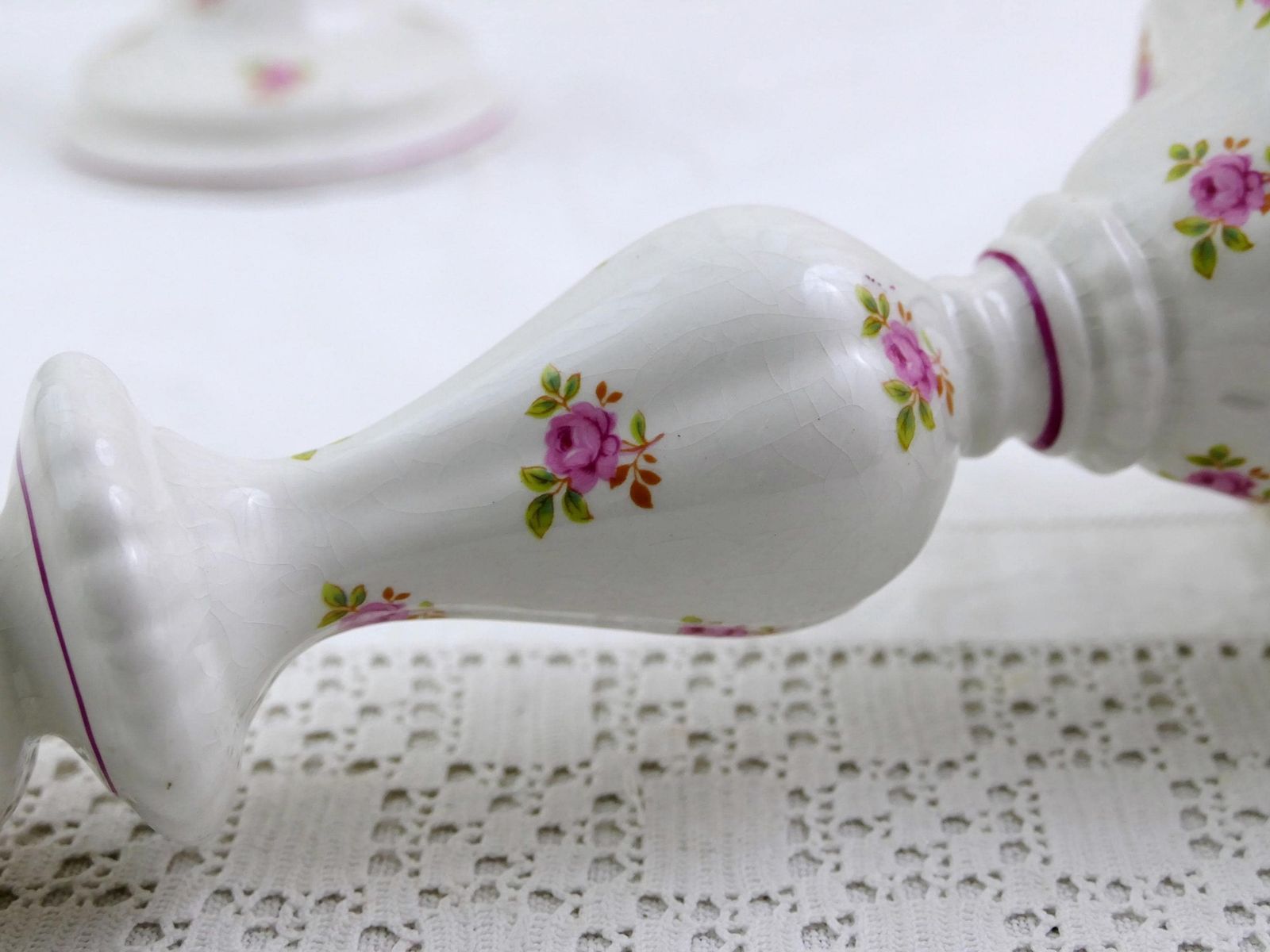 Pair Of Vintage English Staffordshire James Kent Old Foley Candle Stick Holders With Small Pink Rose Flower Pattern, Classic 1950s Pottery photo buy