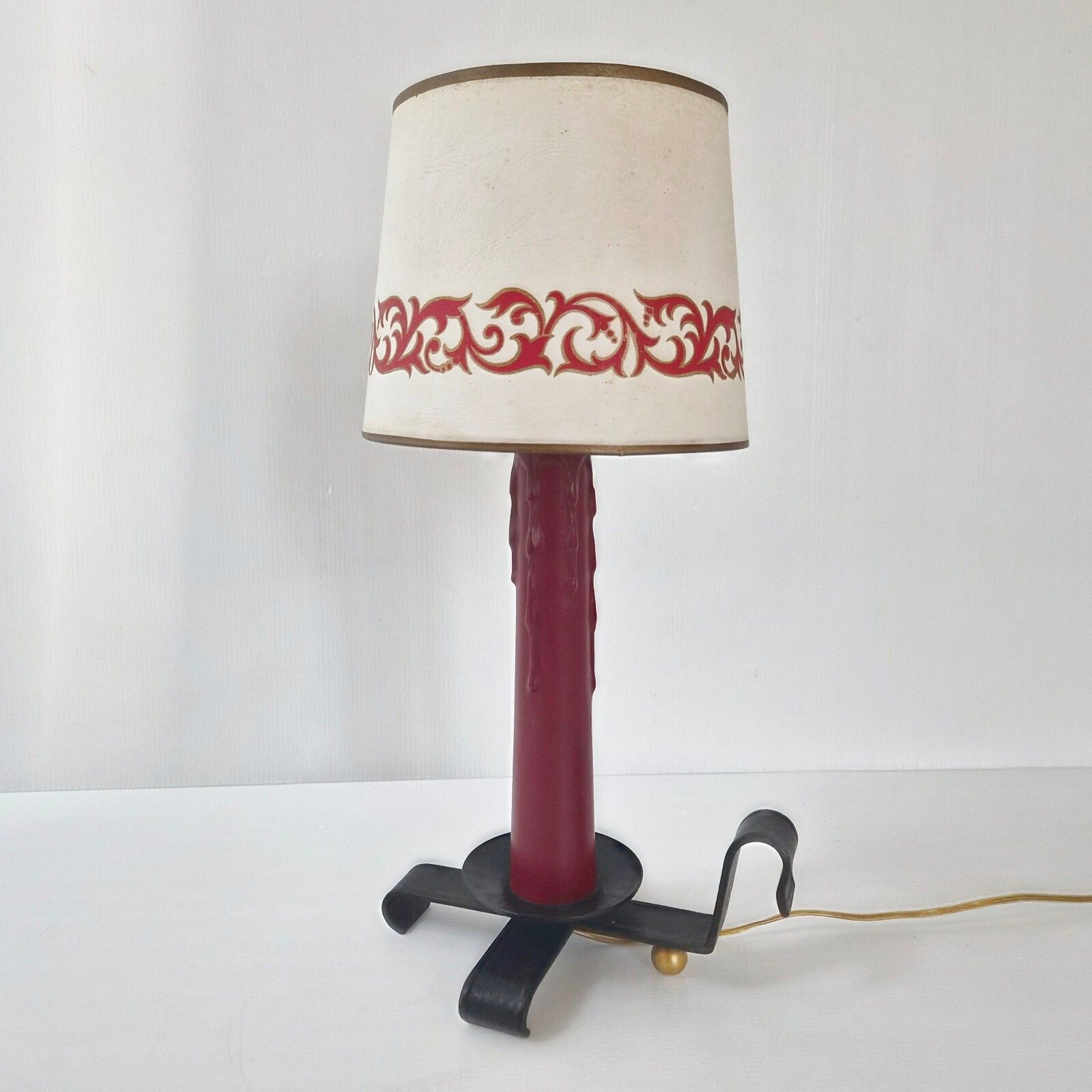 Vintage 1950s Black & Burgundy Leather Table Lamp 50s Dlg Jacques Adnet Retro