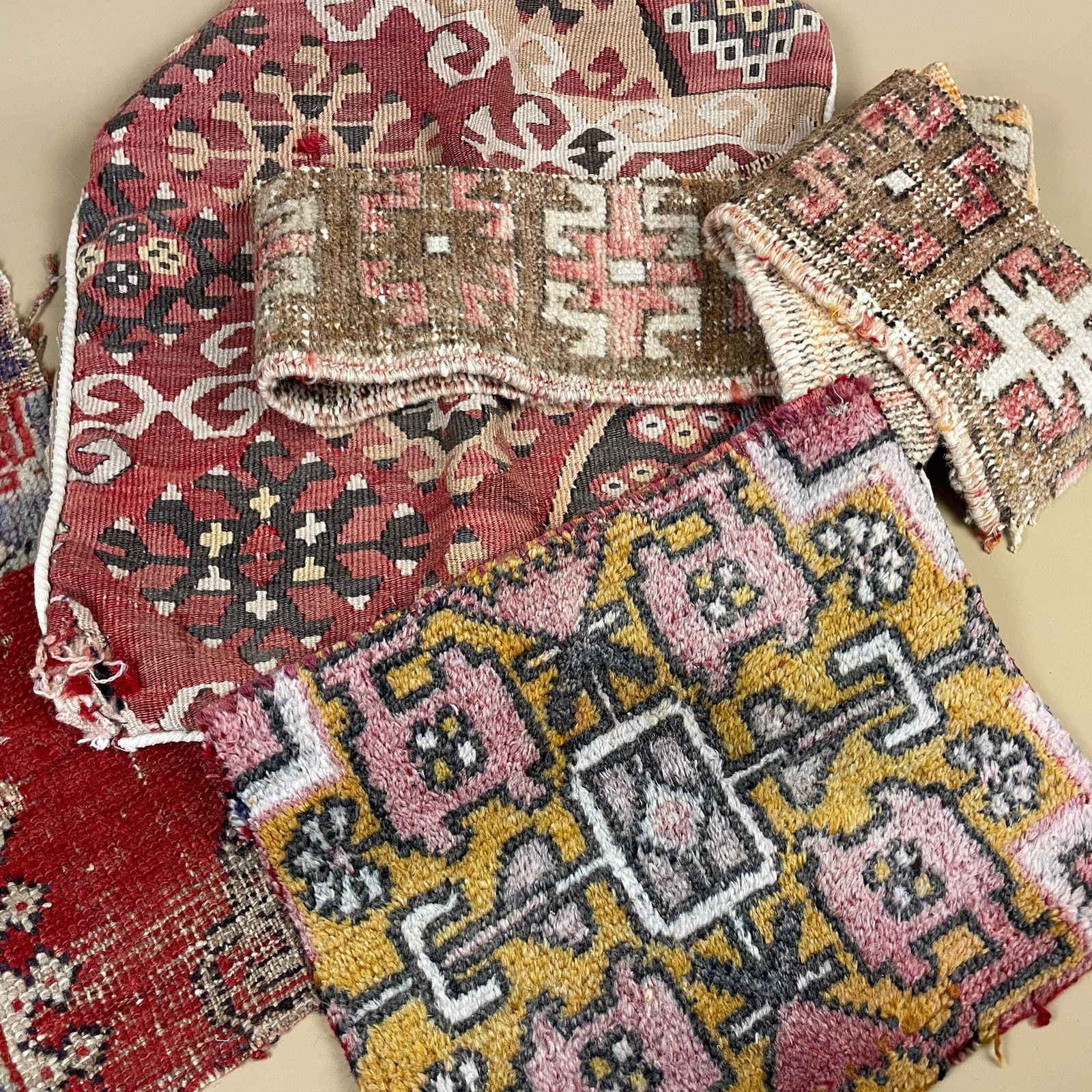 Pile Of Random Carpet Fabrics Upholstery Pattern Tapestry Craft Project Vintage Fabric Woven Patterned England Kilim Woven Wool photo furniture