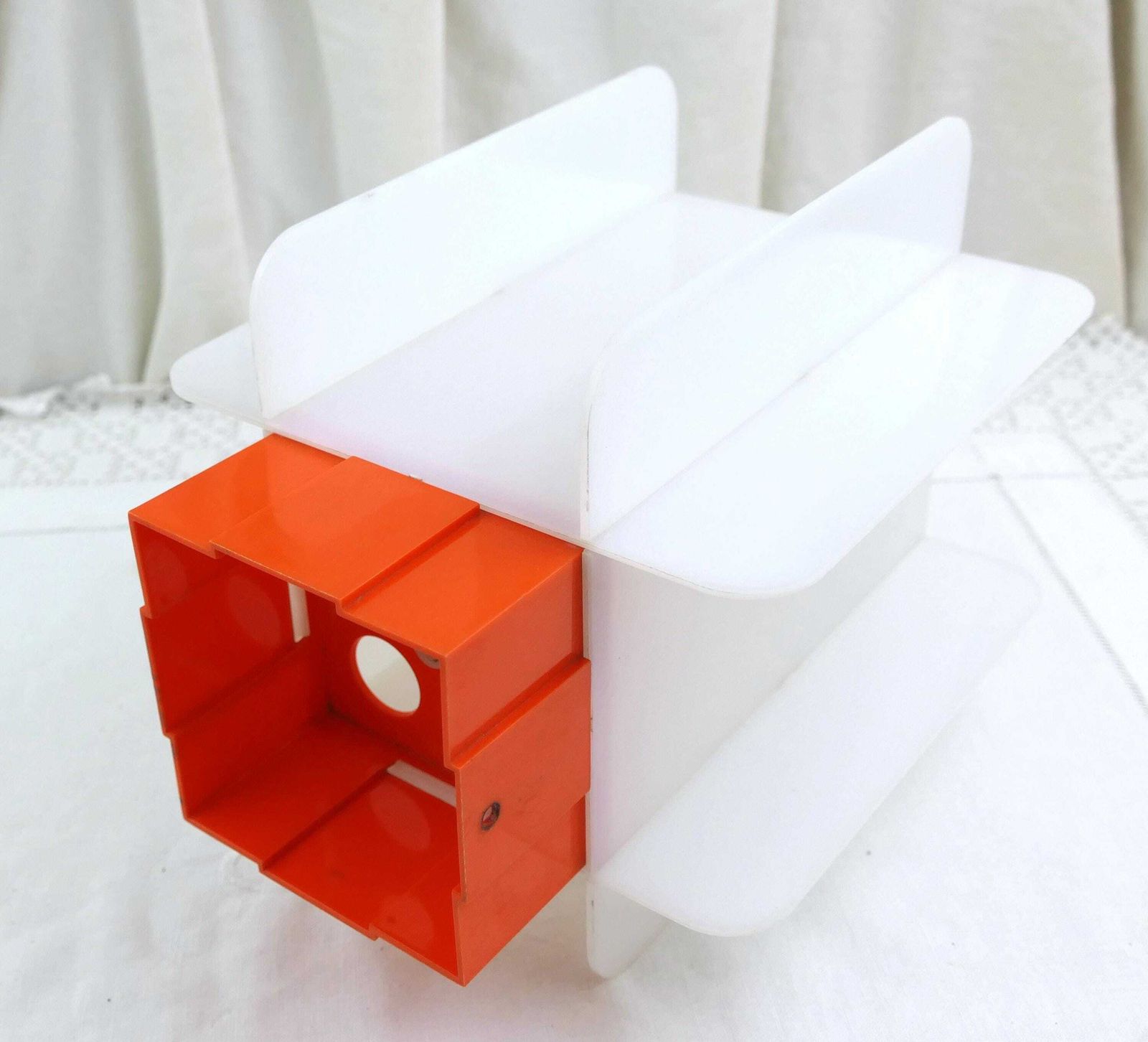 Vintage French Mid Century Bright Orange And White Plexiglass Table Top Of Pendant Light Shade, Retro Acrylic 1960s Lighting Accessory photo 64.0