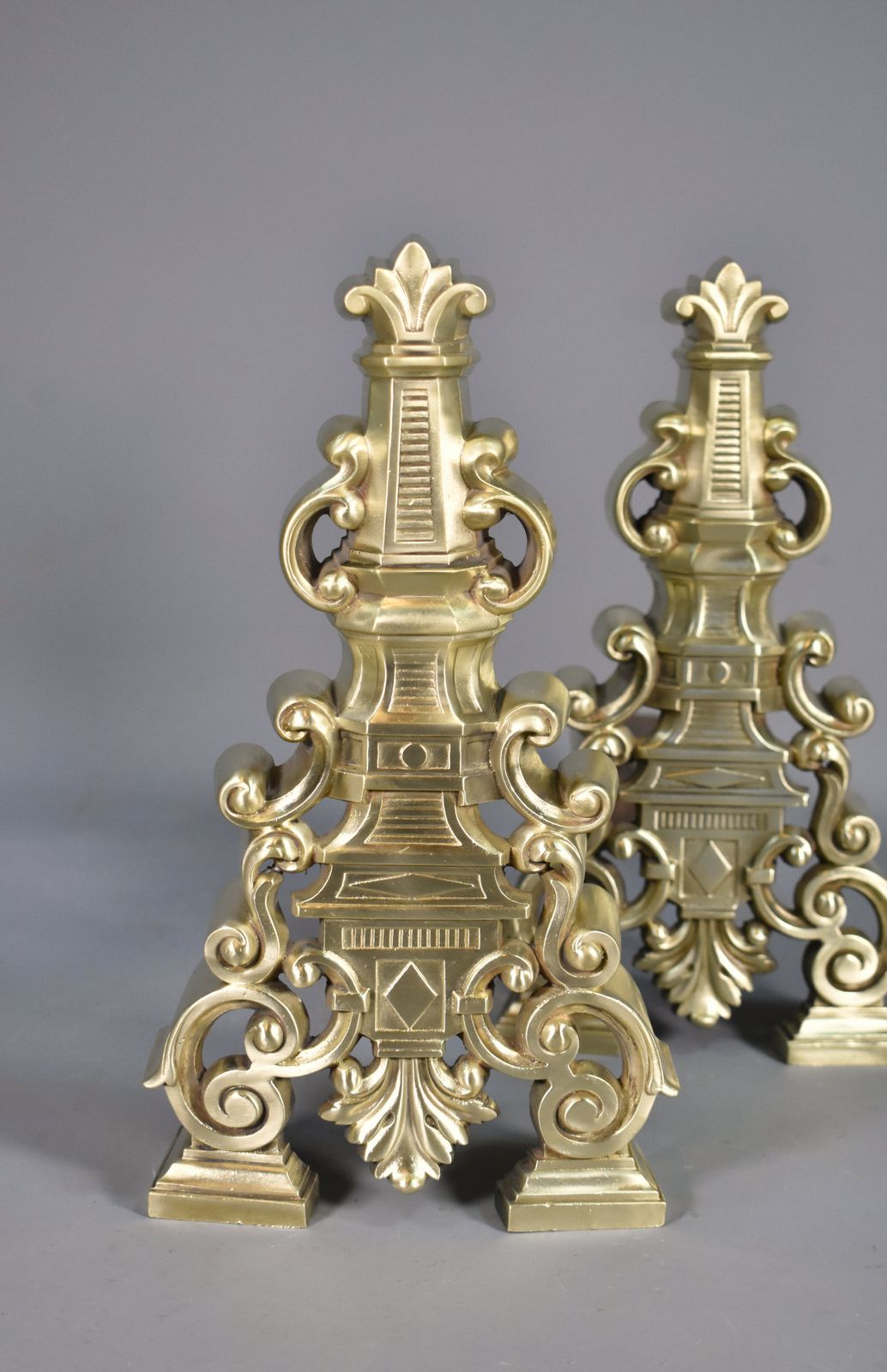 Pair French Antique Brass Fire Dogs / Andirons   Early 20th Century photo vintage