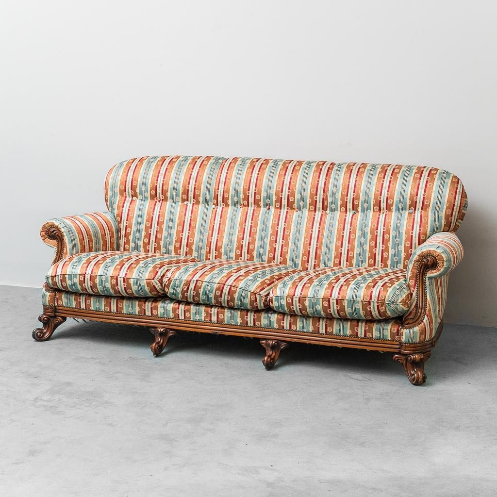 Vintage 3 Seater Sofa With Multicolored Striped Fabric And Wood From The 1950s, Vintage Modern Antiques