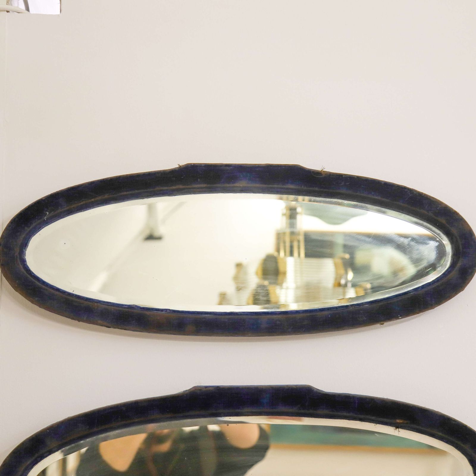 Pair Of French Art Deco Oval Mirrors   Original Plates & Distressed Velvet Frames C. 1930 photo buy