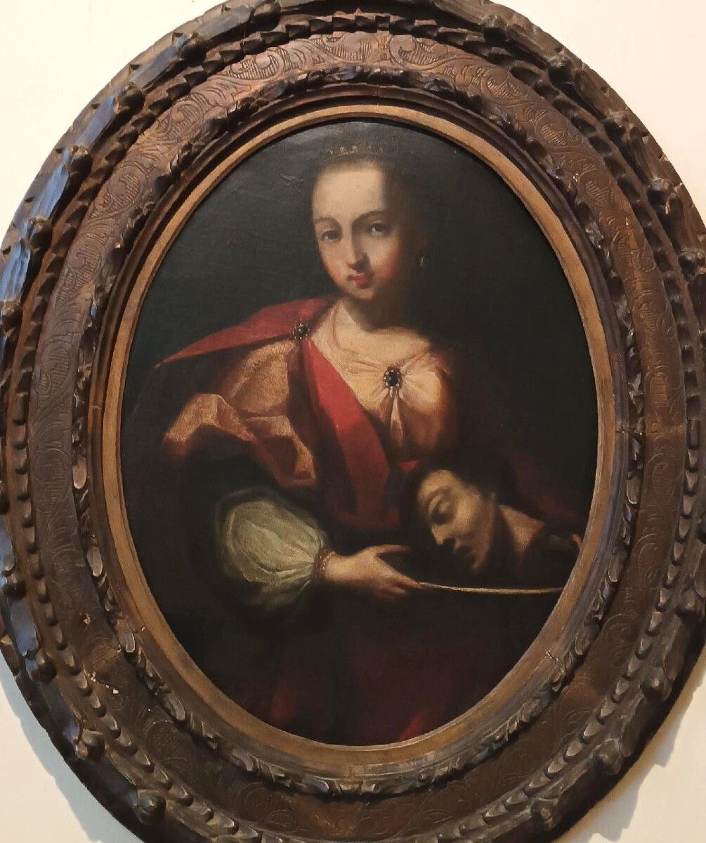 Antique Oil Painting On Canvas, Salome Holding The Head Of John The Baptist   18th Century photo for sale