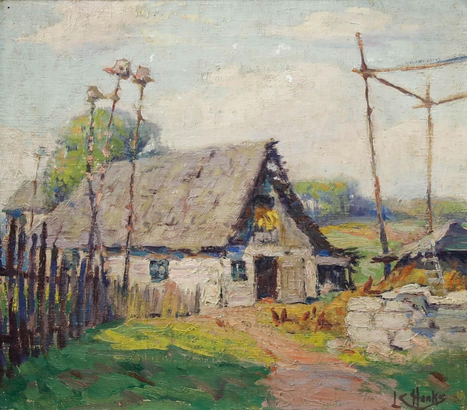 Lou C. Hanks Impressionist Mid 20th Century Oil, Farm In Summer photo furniture