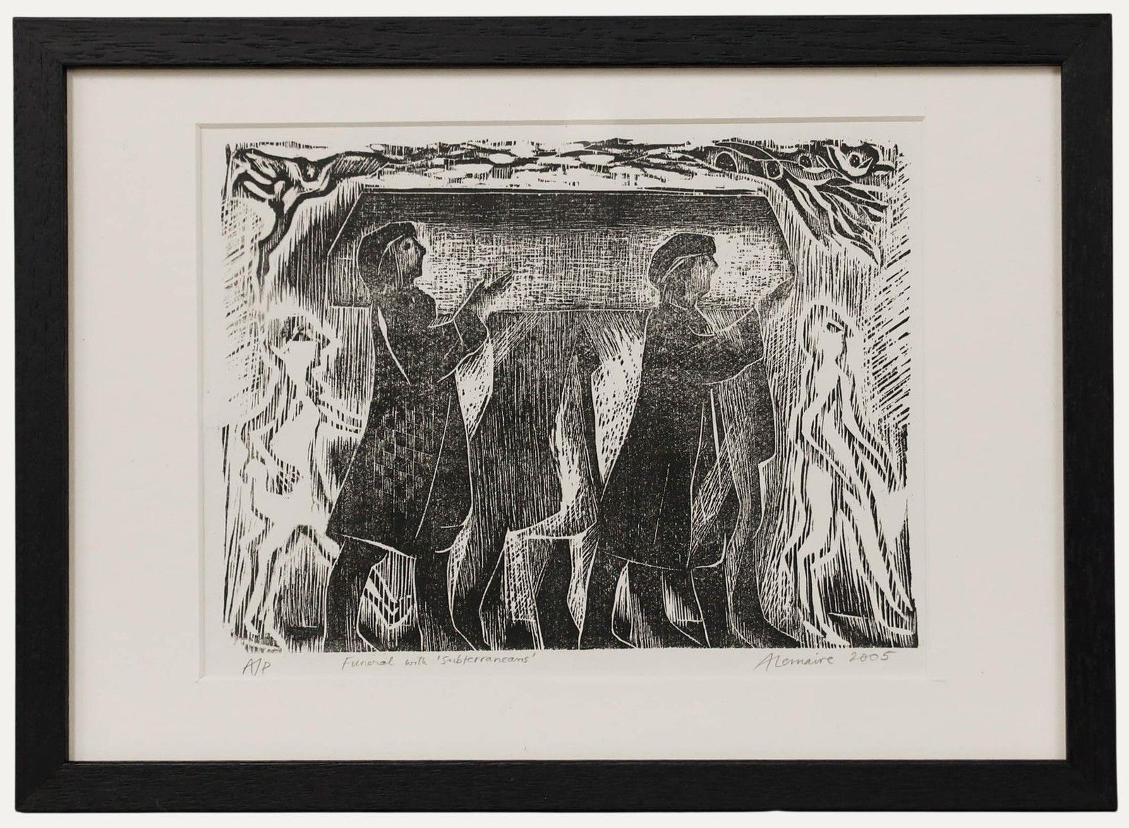 Angela Lemaire (1944 2025) 2005 Woodcut, Funeral With Subterraneans