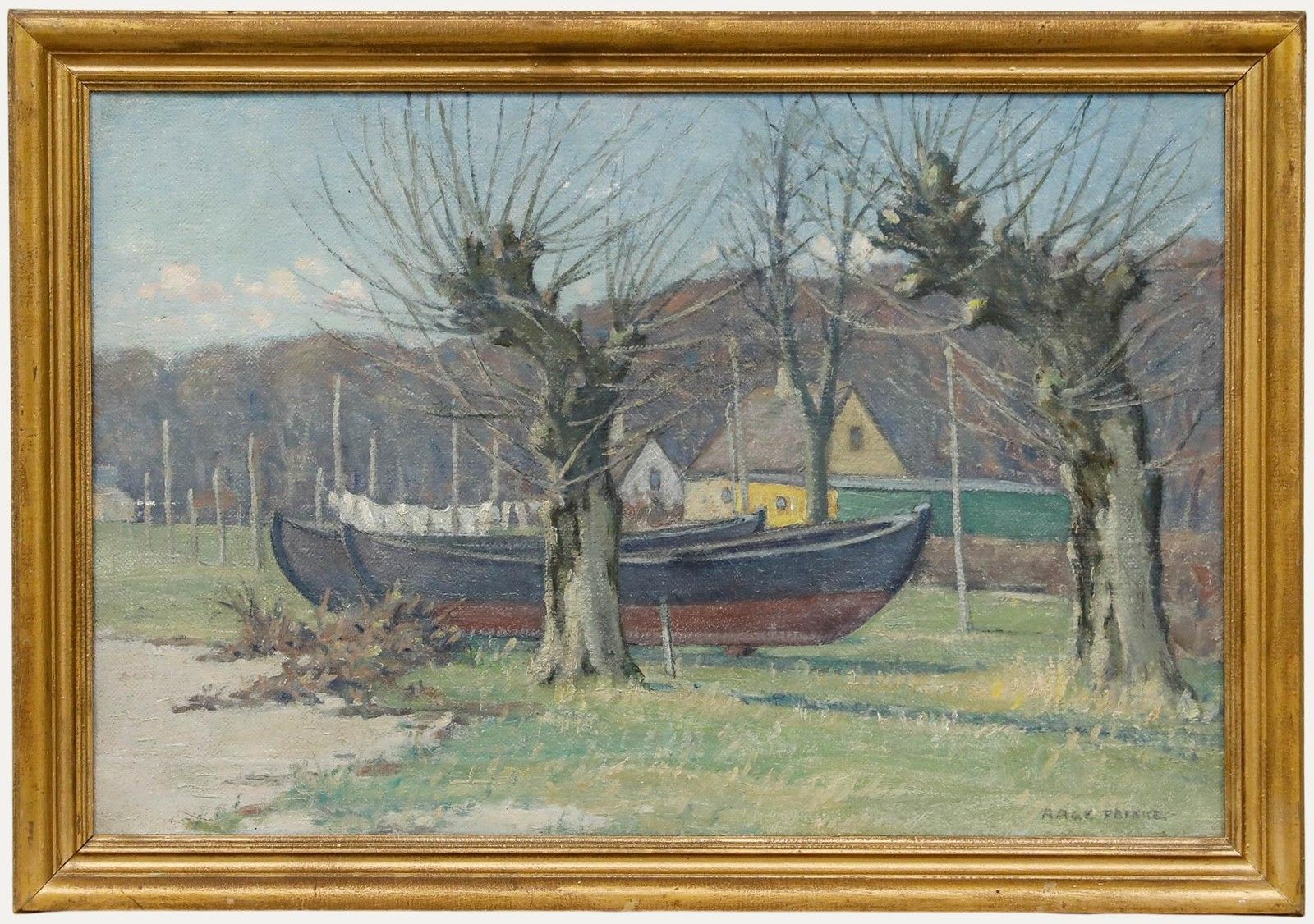 Aage Frikke (1884 1972) Danish School Mid 20th Century Oil, Boats By The Shore