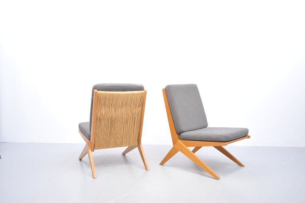 Mid Century Ash Wood Scissor Chairs With Sisal Backrests By Pierre Jeanneret, 1950s, Set Of 2 photo for sale
