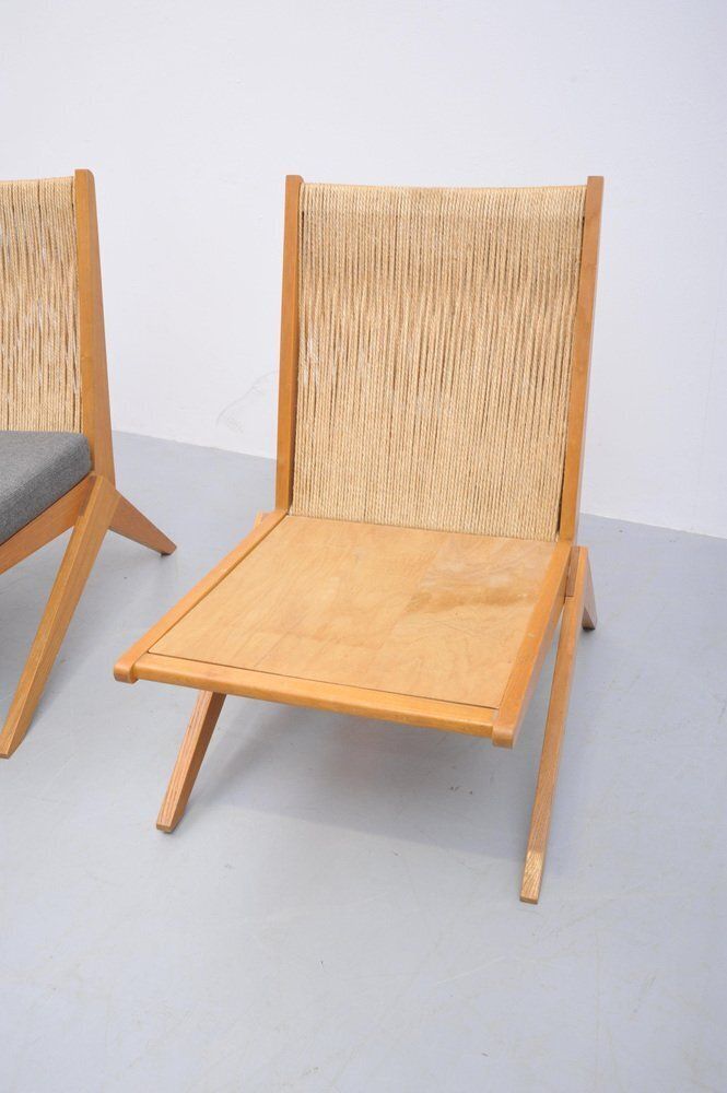 Mid Century Ash Wood Scissor Chairs With Sisal Backrests By Pierre Jeanneret, 1950s, Set Of 2 photo vintage