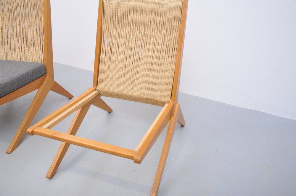photo furniture Mid Century Ash Wood Scissor Chairs With Sisal Backrests By Pierre Jeanneret, 1950s, Set Of 2