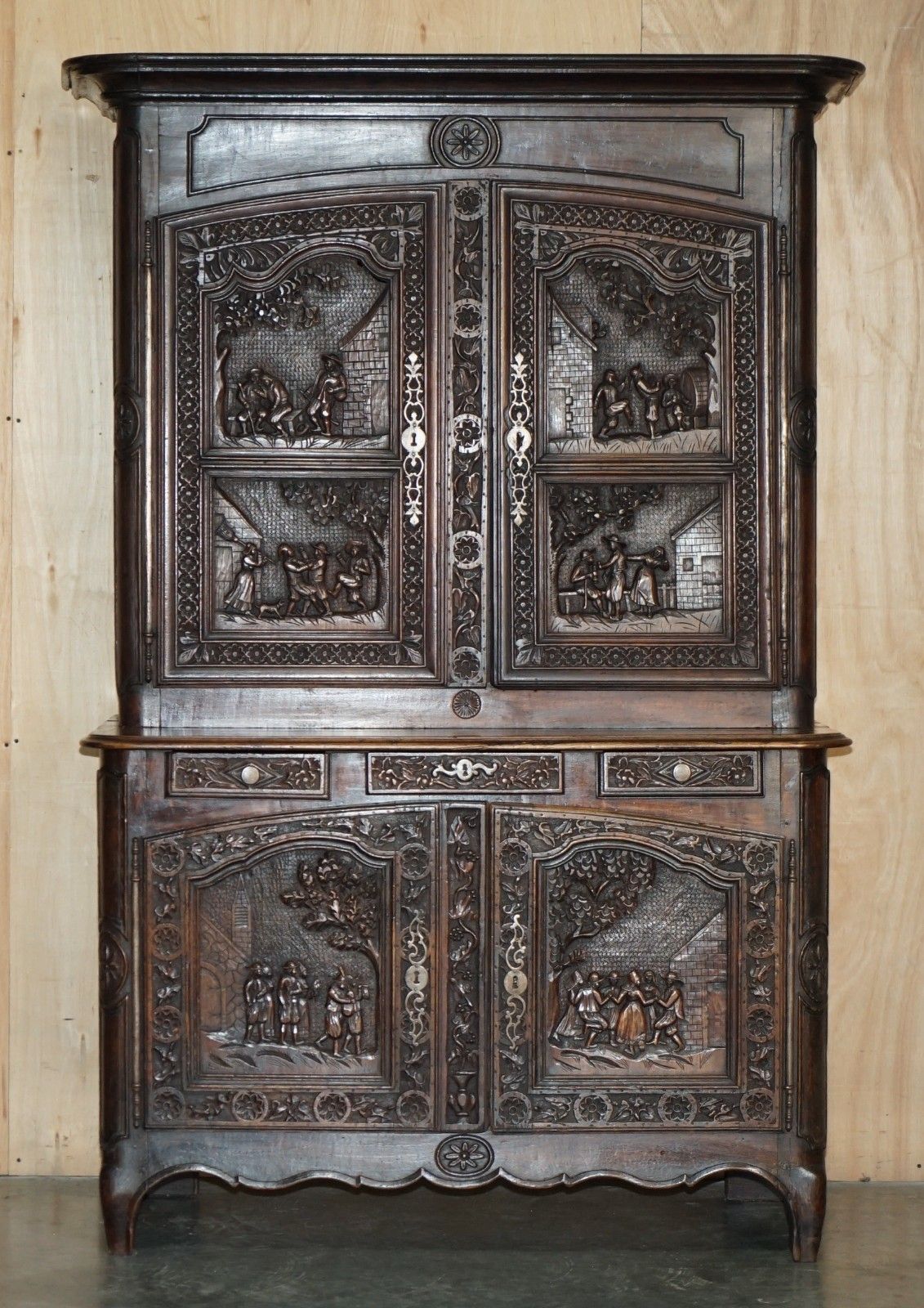 Antique 1860 Ornately Hand Carved Dutch Housekeepers Linen Or Kitchen Cupboard photo furniture