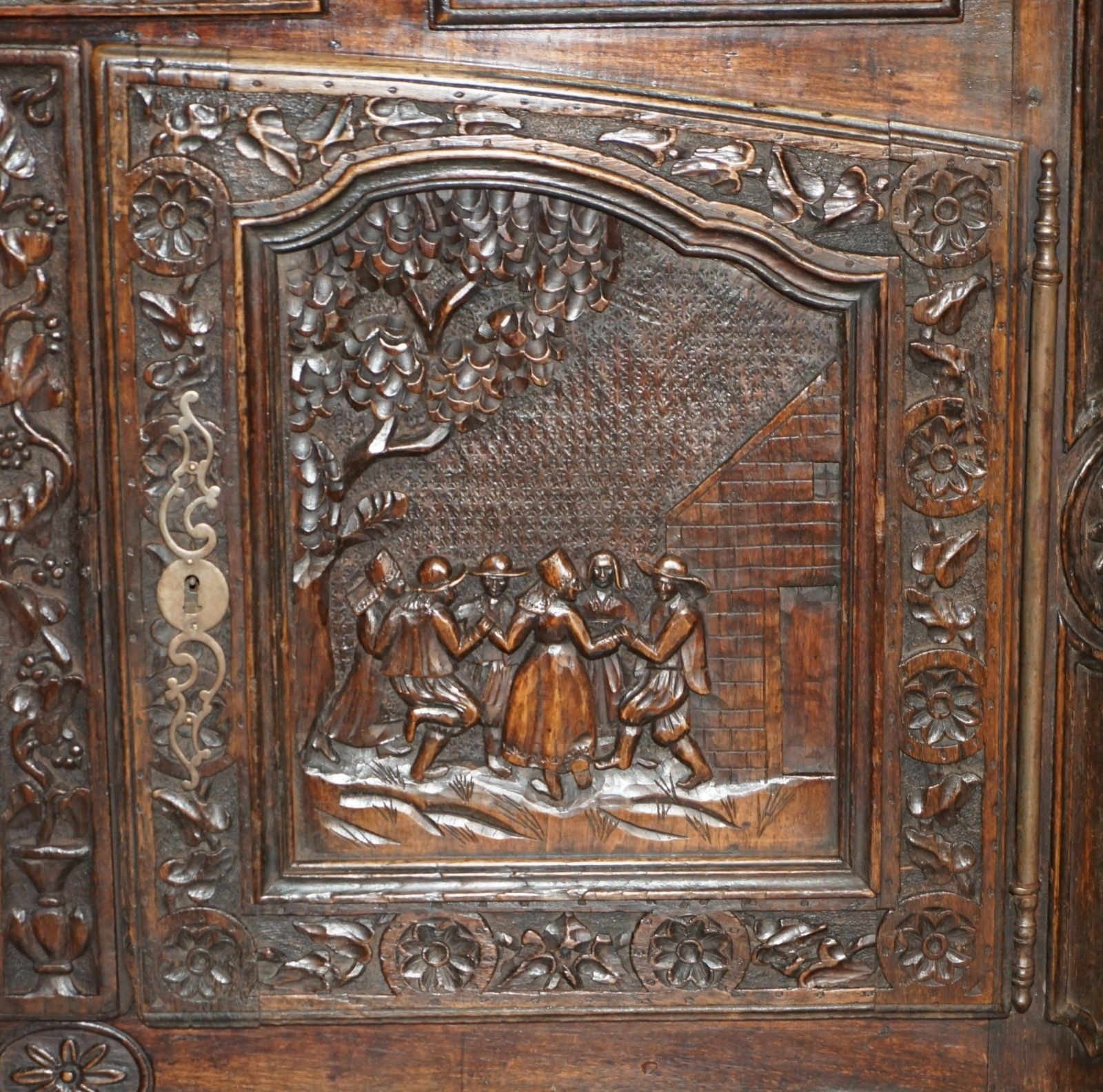 Furniture Antique 1860 Ornately Hand Carved Dutch Housekeepers Linen Or Kitchen Cupboard photo