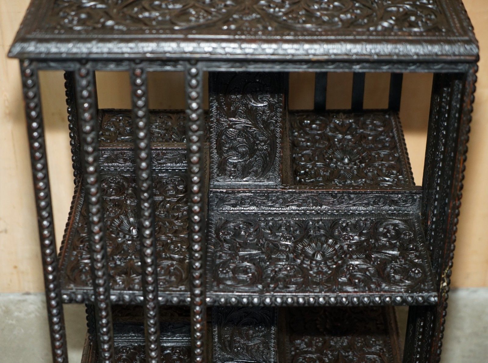 photo for sale Super Rare Antique 1880 Anglo Indian Ornately Carved Revolving Bookcase Table