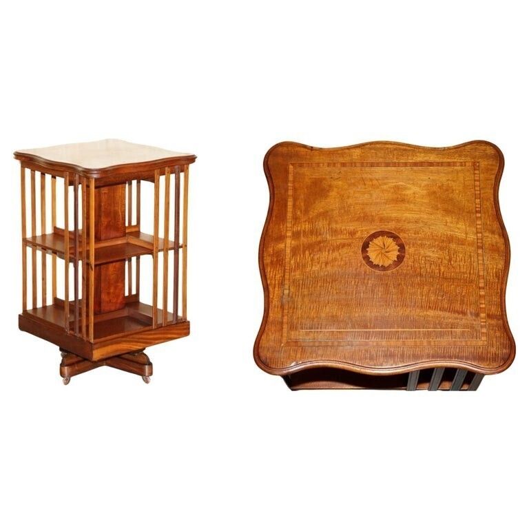 Fine Antique Sheraton Walnut, Satinwood & Porcelain Revolving Bookcase Table