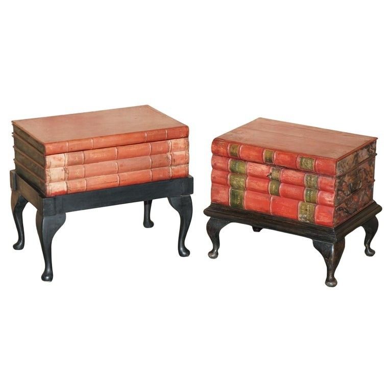 Matched Pair Of Antique Victorian Faux Book Side End Lamp Wine Storage Tables