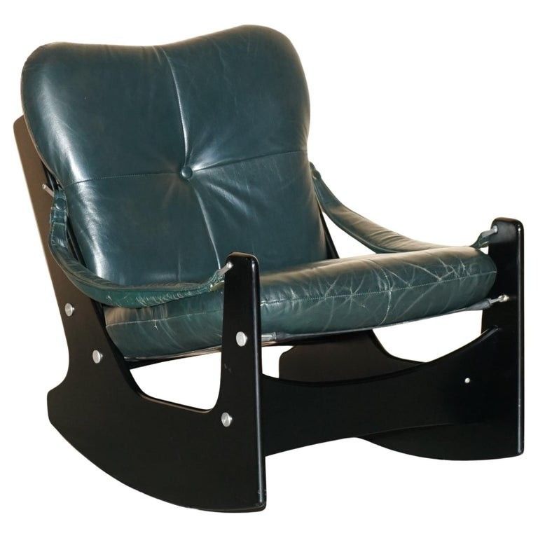 Fine Mid Century Modern Green Leather 1970's Pirelli Chesterfield Rocking Chair