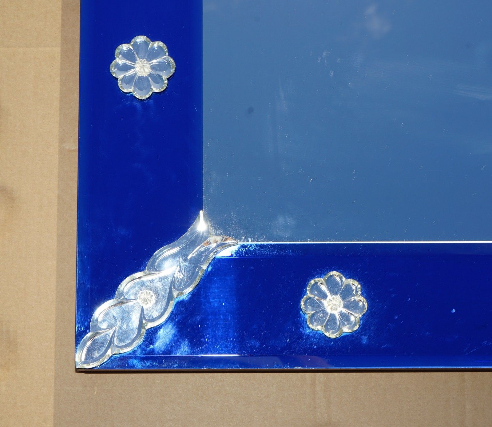 Very Large 151cm X 133cm Italian Venetian Cobalt Blue Cut Glass Wall Mirror photo 3950.0