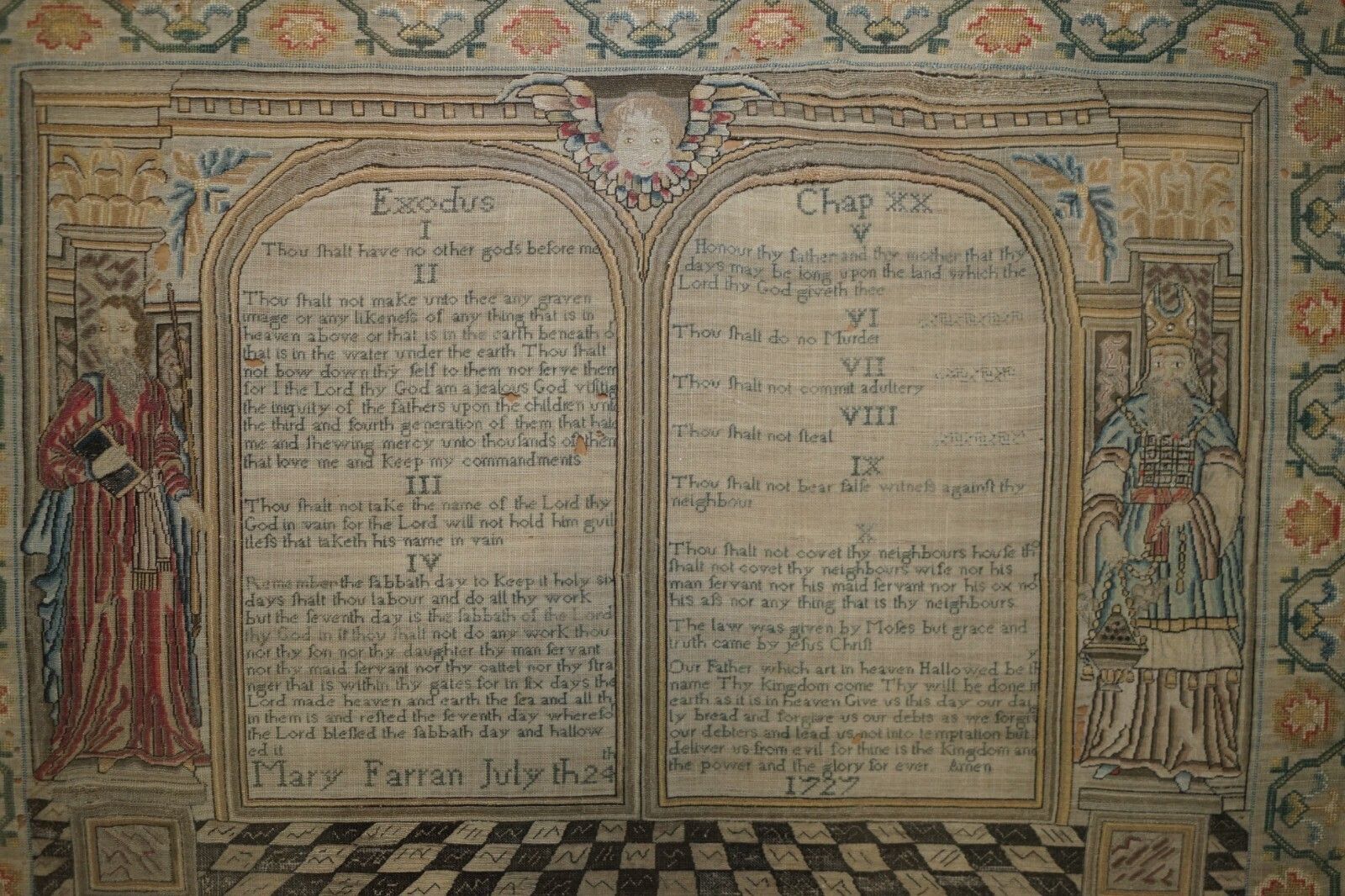 photo for sale Important Antique 10 Commandments George I 1727 Needlework Sampler Mary Farran