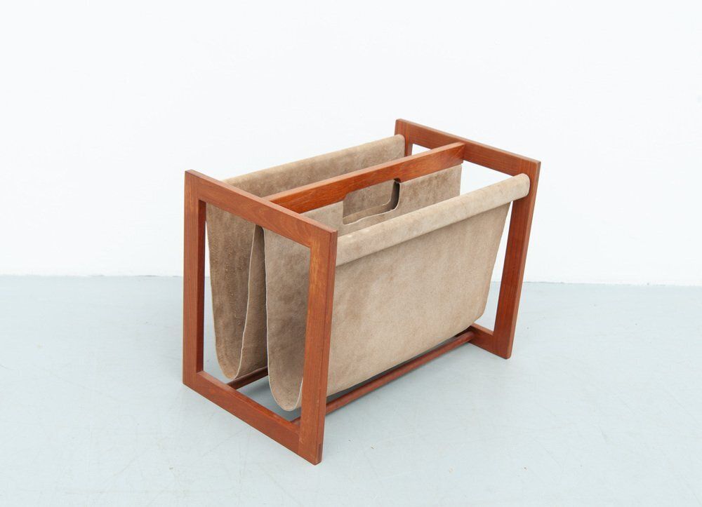 Teak & Leather Magazine Rack By Aksel Kjersgaard, 1960s photo for sale