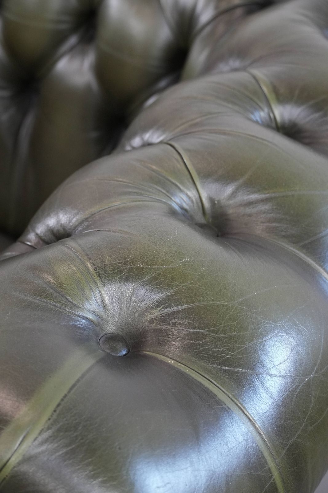 photo vinterior Beautiful Green Cowhide Chesterfield Club Armchair In English Style With A Classic Finish With Decorative Nails