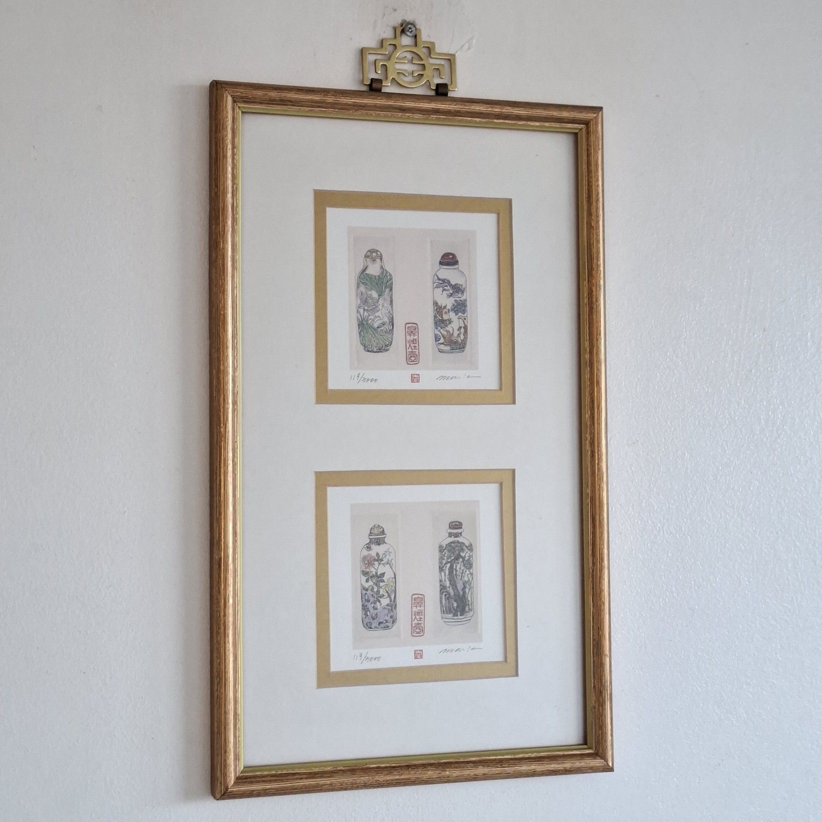 Chinese Etchings By Malou Oi Yee Hung Framed Pair Snuff Bottles Signed Art