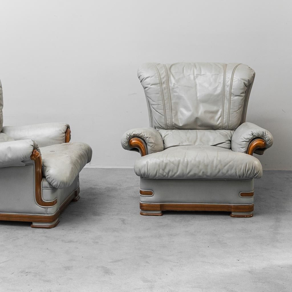 Pair Of Vintage Armchairs In Grey Leather And Wood, 1950s Modern Antiques photo furniture