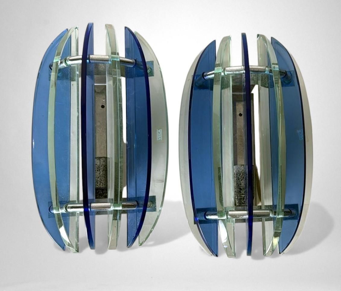 Veca For Fontana Arte Pair Of Italian Wall Sconces Steel And Seven Crystal photo Lighting