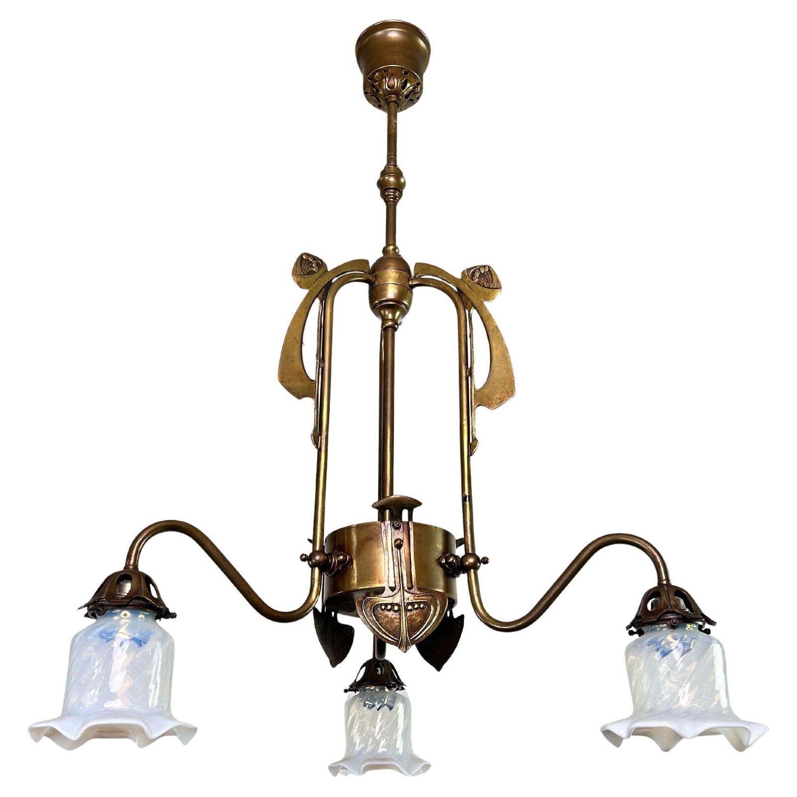 Art Nouveau Three Arm Chandelier With Opal Iridescent Glass