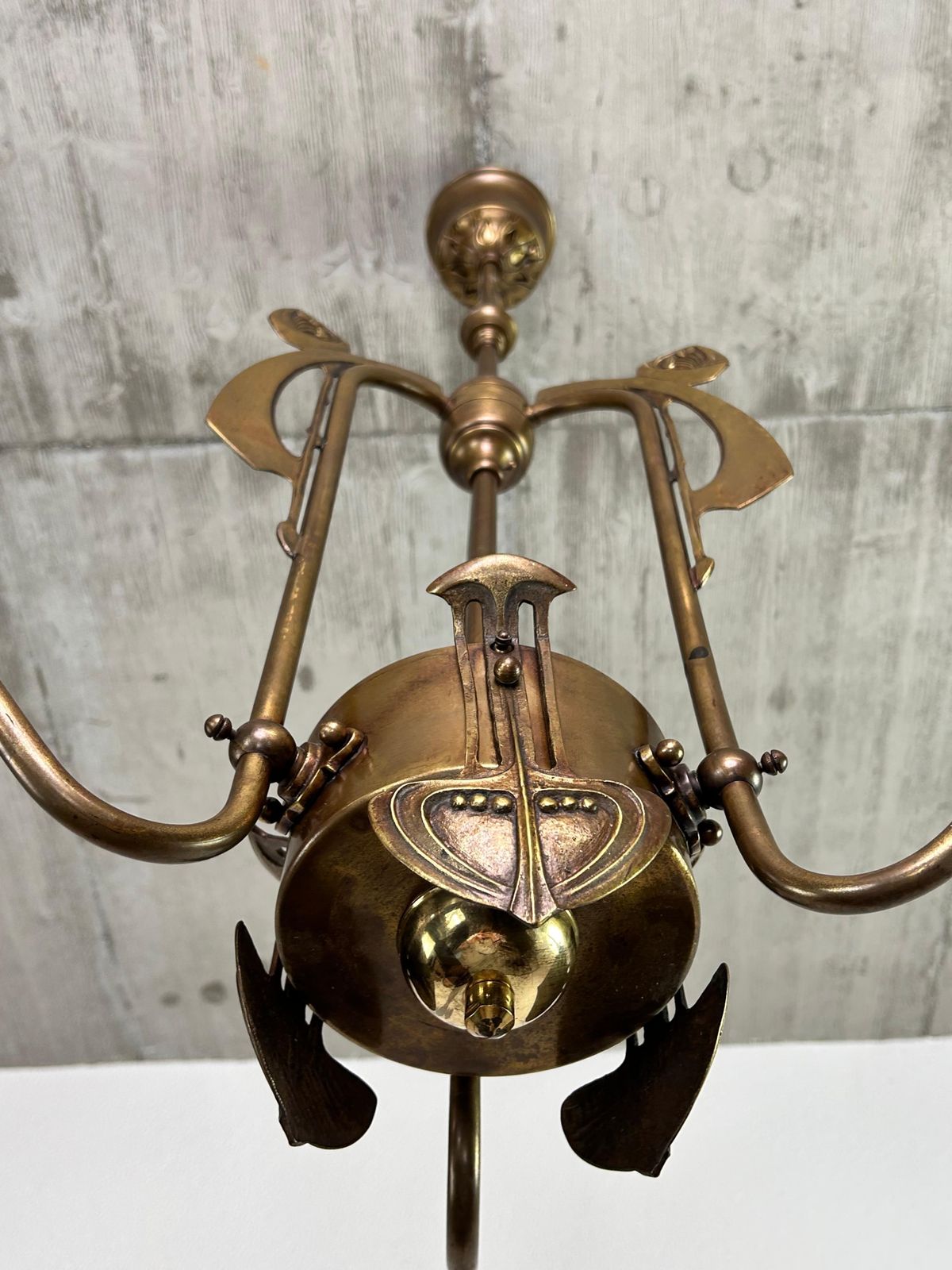 Art Nouveau Three Arm Chandelier With Opal Iridescent Glass photo vintage