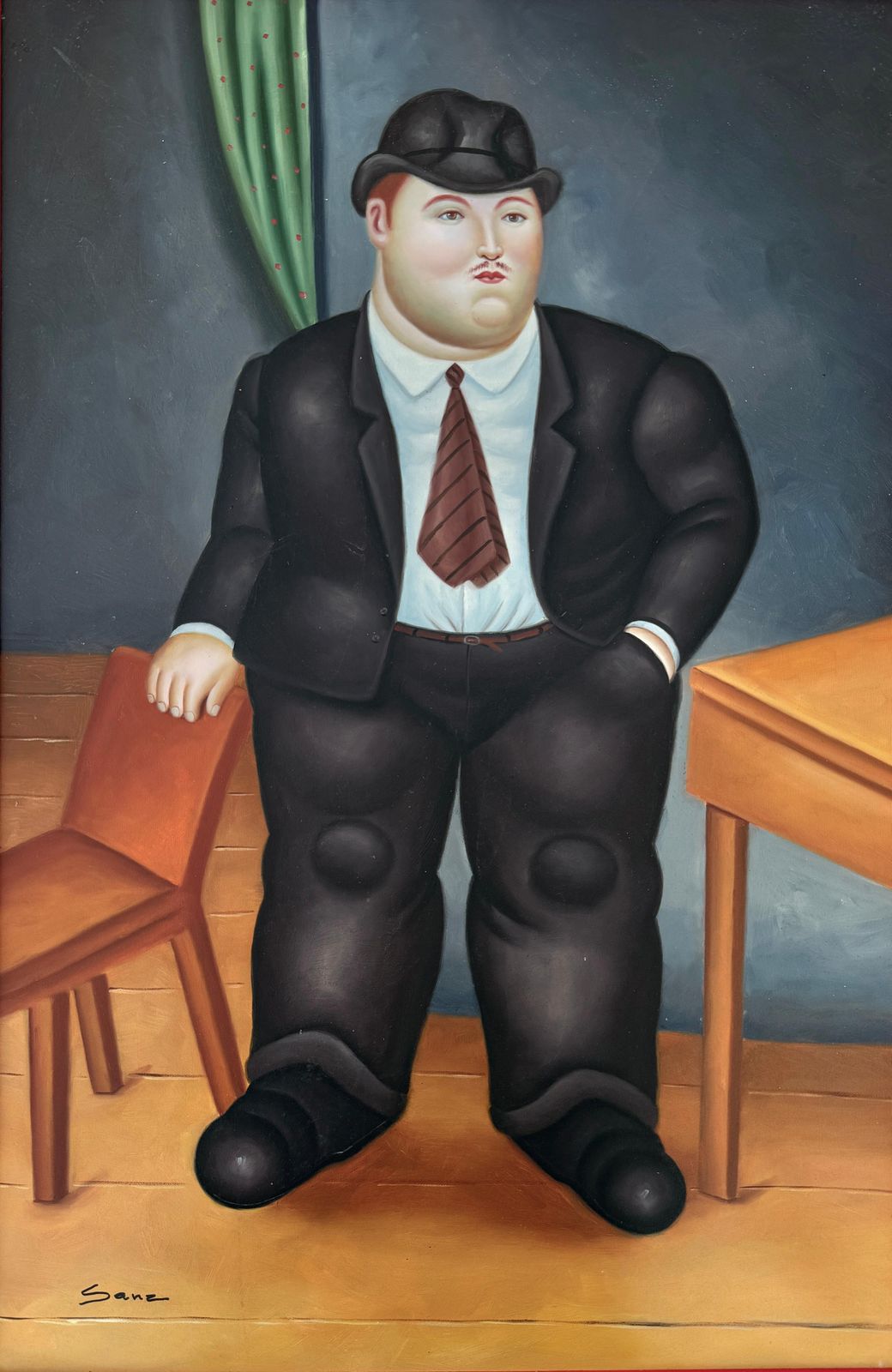 Gentleman In Interior (After Fernando Botero) Oil On Canvas Painting