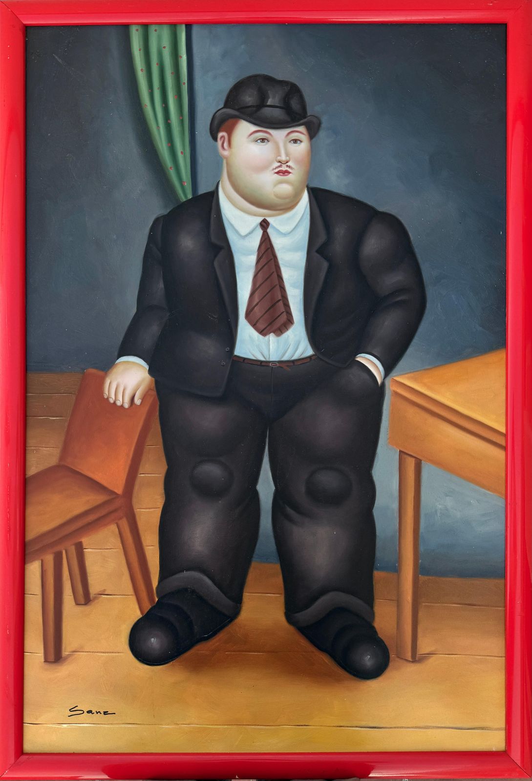 Gentleman In Interior (After Fernando Botero) Oil On Canvas Painting photo furniture
