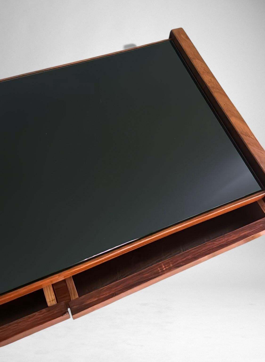 1373.0 Mid Century Modern Italian Console In Red Walnut With Black Glass Top photo