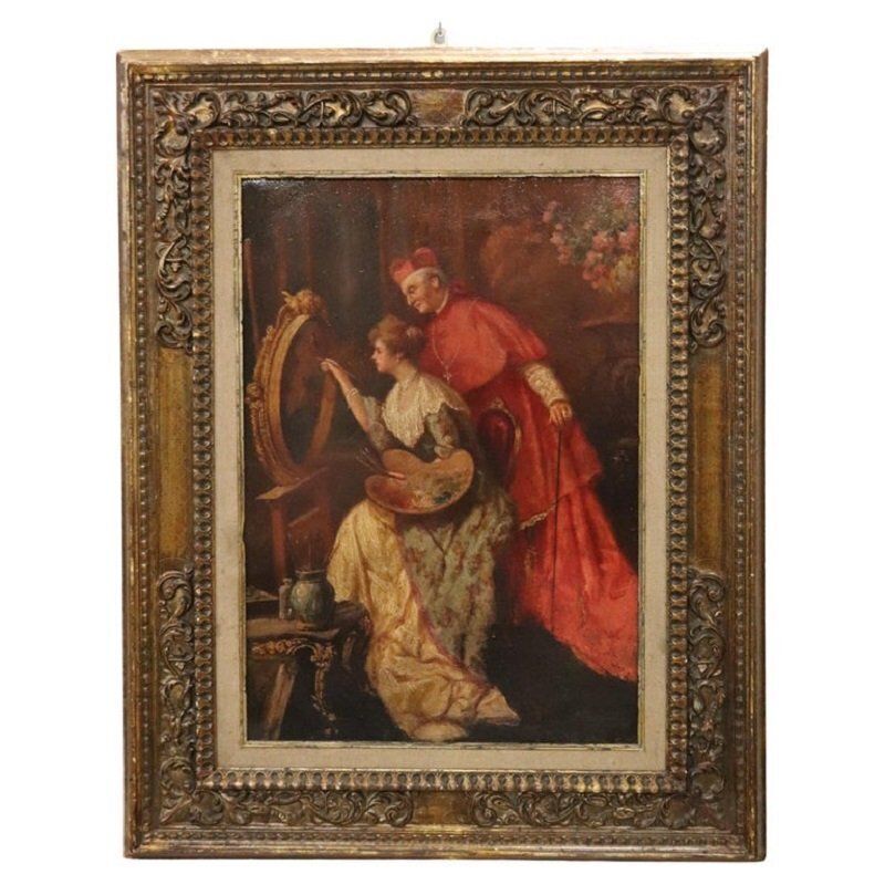 Italian School Artist, Young Woman Painter With Cardinal, Oil Painting On Cardboard, 19th Century, Framed