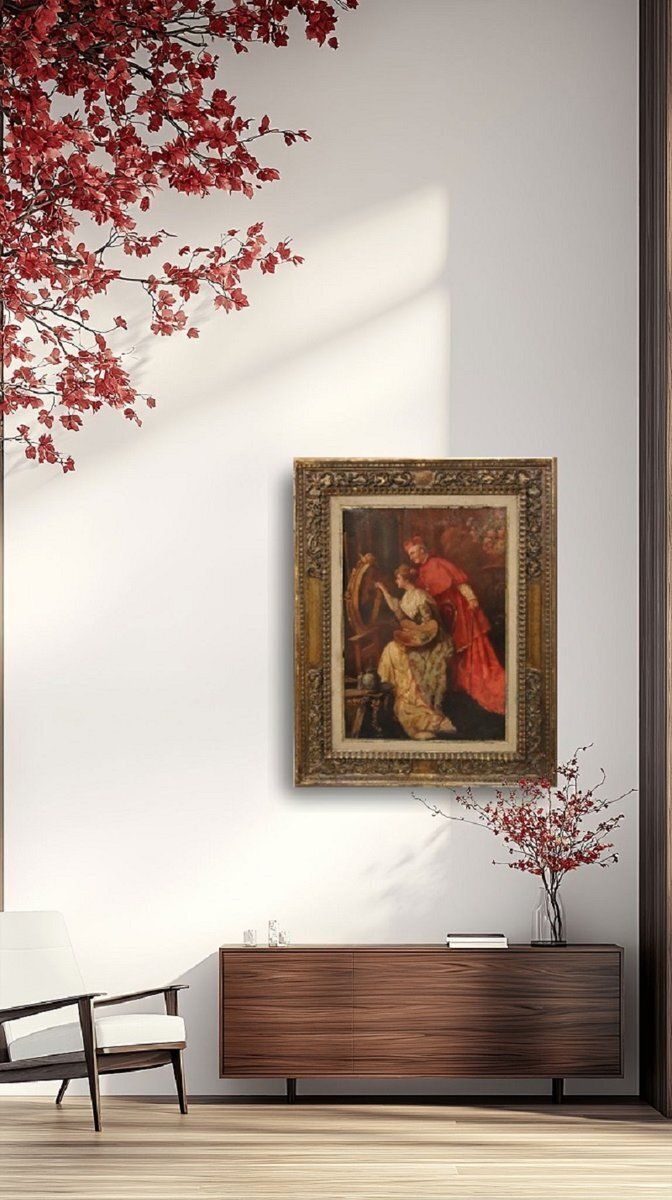 Italian School Artist, Young Woman Painter With Cardinal, Oil Painting On Cardboard, 19th Century, Framed photo furniture