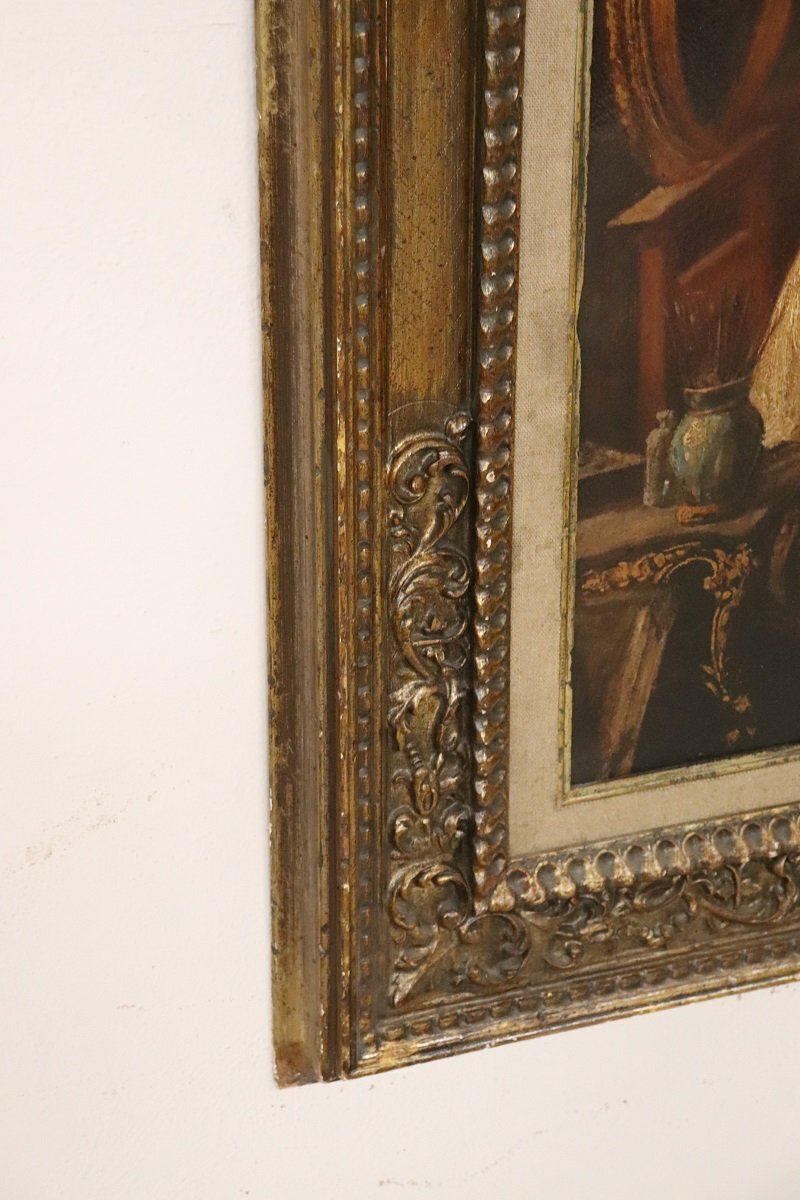 2085.0 Italian School Artist, Young Woman Painter With Cardinal, Oil Painting On Cardboard, 19th Century, Framed photo