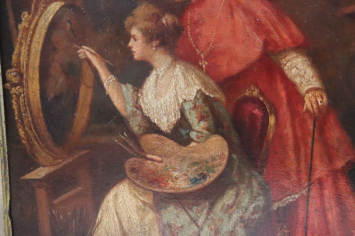 photo vintage Italian School Artist, Young Woman Painter With Cardinal, Oil Painting On Cardboard, 19th Century, Framed