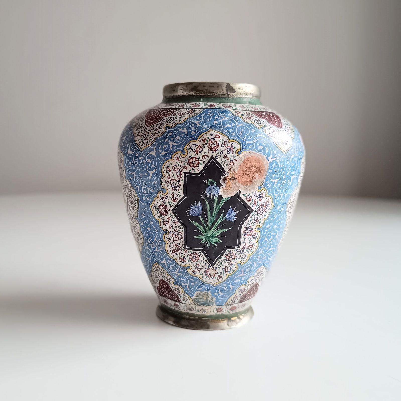 photo buy Antique Persian Enamelled Miniature Copper Vase: Isfahan  Hand Painted Birds And Flowers, Qajar Era C. 1900