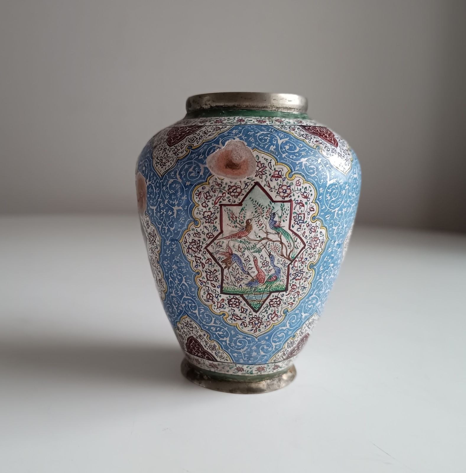 Antique Persian Enamelled Miniature Copper Vase: Isfahan  Hand Painted Birds And Flowers, Qajar Era C. 1900 photo furniture