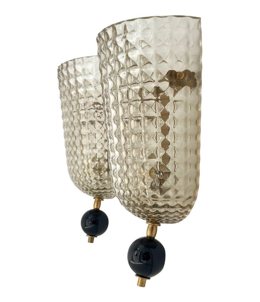 photo furniture A Pair Of Art Deco Style Smoked Murano Glass Wall Sconces With Black Glass Detail.
