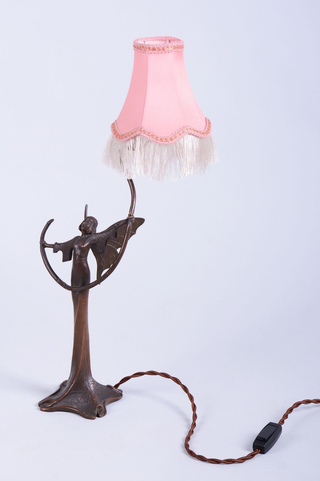 Original Art Nouveau Table Lamp, Brass, Textile Lampshade, Austria, 1910s