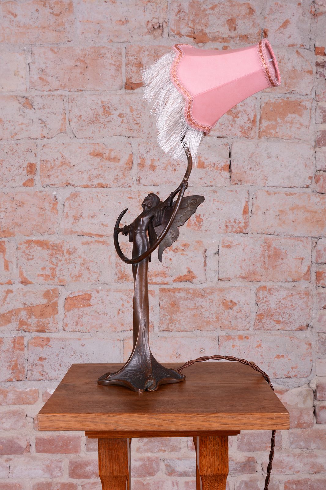 Original Art Nouveau Table Lamp, Brass, Textile Lampshade, Austria, 1910s photo vintage